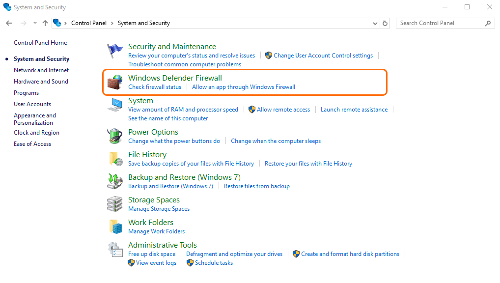 Navigate to Windows Defender Firewall